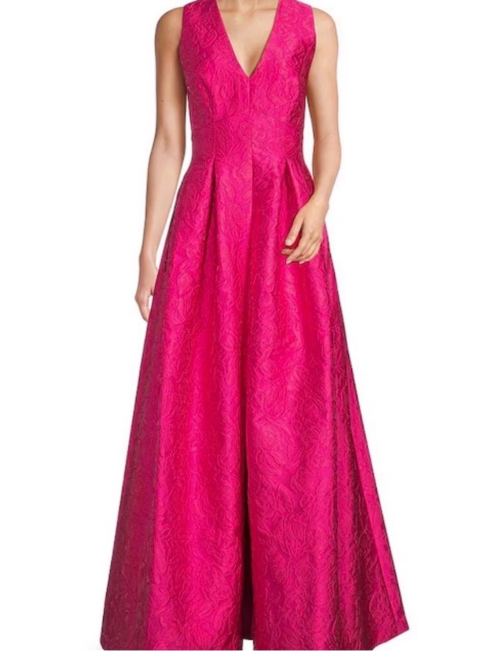 Floral Textured Jacquard V-Neck Sleeveless Gown